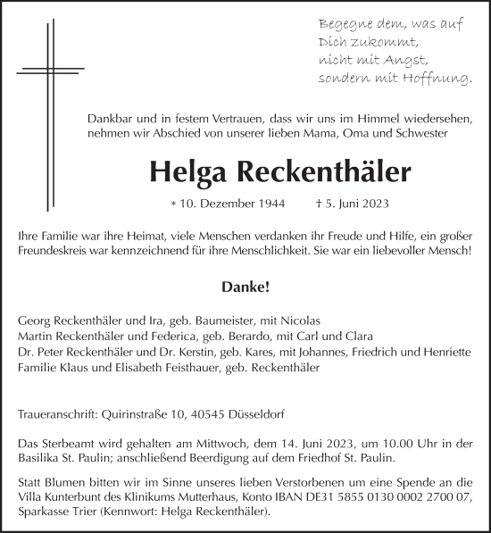 Traueranzeige von Helga Reckenthäler von trierischer_volksfreund