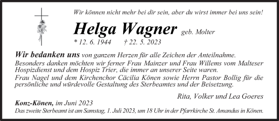 Traueranzeige von Helga Wagner von trierischer_volksfreund