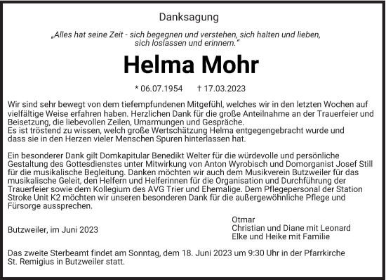 Traueranzeige von Helma Mohr von trierischer_volksfreund