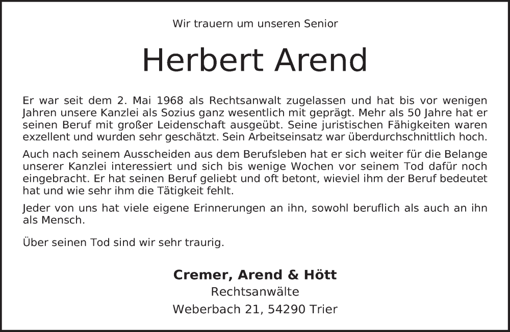  Traueranzeige für Herbert Arend vom 03.06.2023 aus trierischer_volksfreund