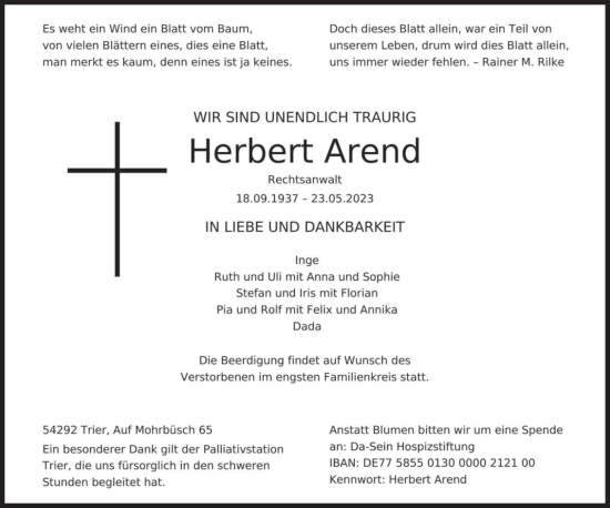 Traueranzeige von Herbert Arend von trierischer_volksfreund