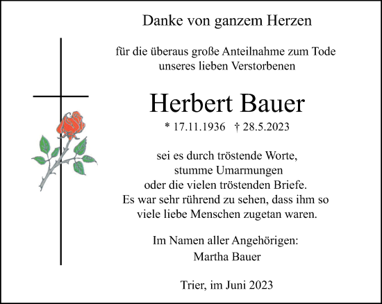 Traueranzeige von Herbert Bauer von trierischer_volksfreund
