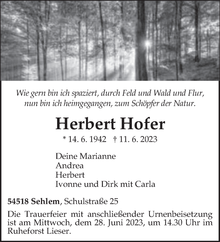  Traueranzeige für Herbert Hofer vom 24.06.2023 aus trierischer_volksfreund