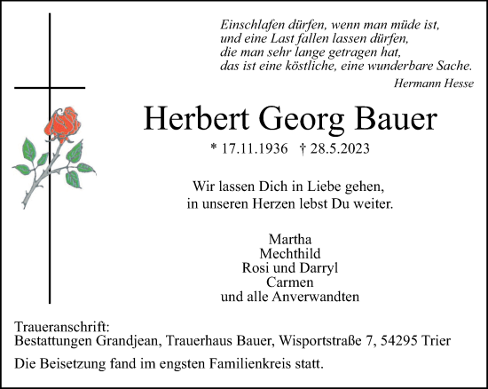 Traueranzeige von Herbert Georg Bauer von trierischer_volksfreund