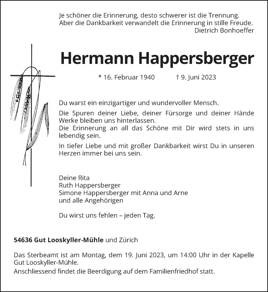  Traueranzeige für Hermann Happersberger vom 16.06.2023 aus trierischer_volksfreund