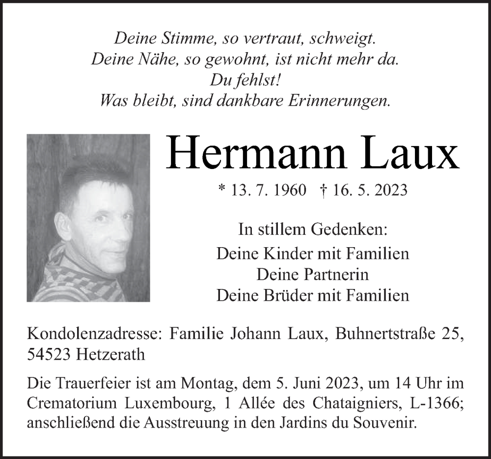  Traueranzeige für Hermann Laux vom 03.06.2023 aus trierischer_volksfreund
