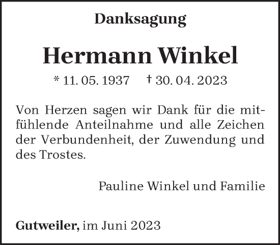Traueranzeige von Hermann Winkel von trierischer_volksfreund