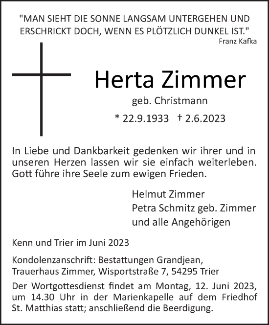 Traueranzeige von Herta Zimmer von trierischer_volksfreund