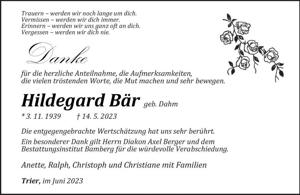  Traueranzeige für Hildegard Bär vom 24.06.2023 aus trierischer_volksfreund
