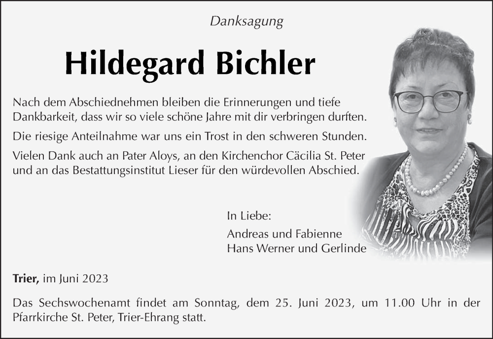  Traueranzeige für Hildegard Bichler vom 21.06.2023 aus trierischer_volksfreund