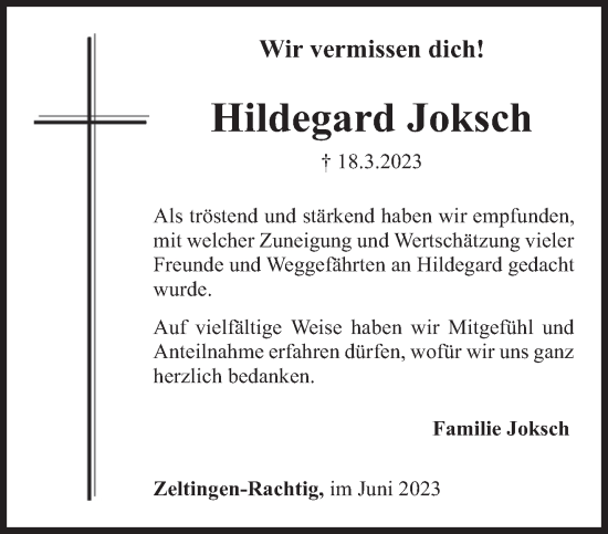 Traueranzeige von Hildegard Joksch von trierischer_volksfreund