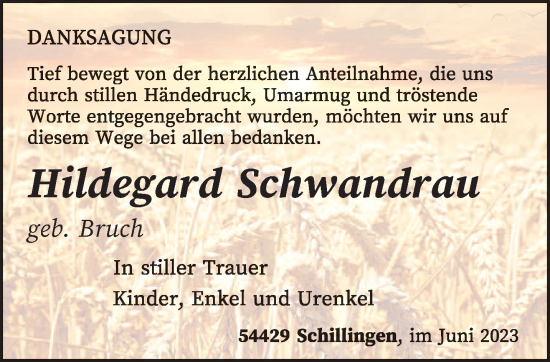 Traueranzeige von Hildegard Schwandrau von trierischer_volksfreund