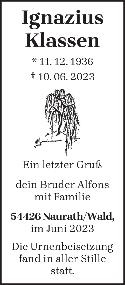 Traueranzeige von Ignazius Klassen von trierischer_volksfreund
