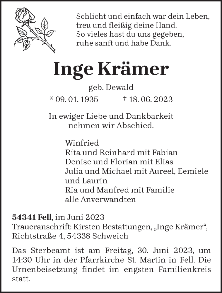  Traueranzeige für Inge Krämer vom 26.06.2023 aus trierischer_volksfreund