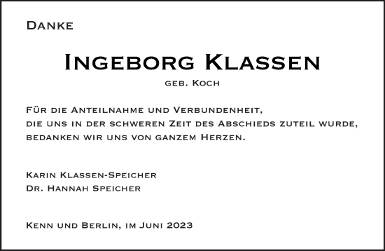 Traueranzeige von Ingeborg Klassen von trierischer_volksfreund