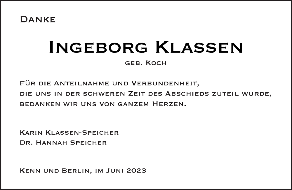  Traueranzeige für Ingeborg Klassen vom 17.06.2023 aus trierischer_volksfreund
