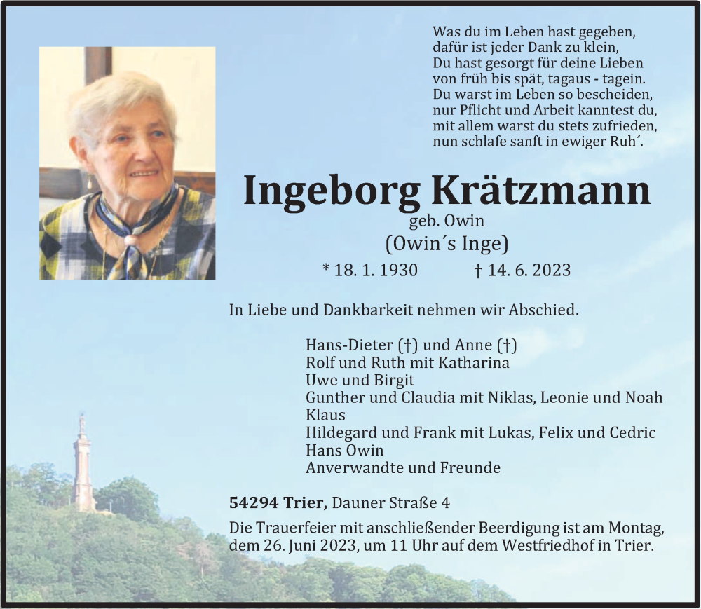  Traueranzeige für Ingeborg Krätzmann vom 21.06.2023 aus trierischer_volksfreund