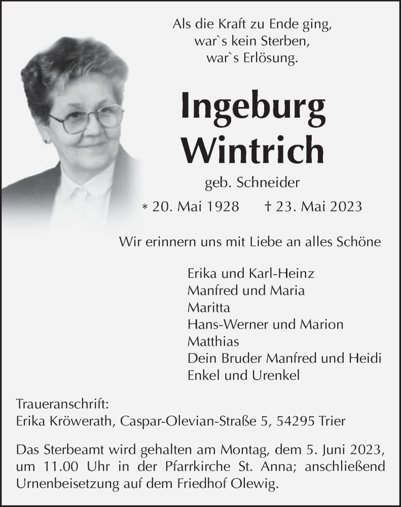  Traueranzeige für Ingeburg Wintrich vom 31.05.2023 aus trierischer_volksfreund