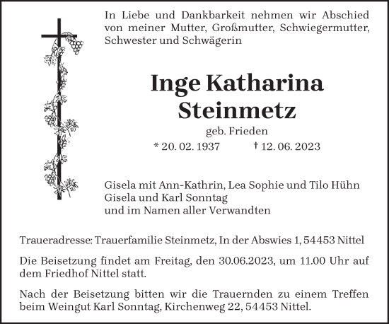 Traueranzeige von Inge Katharina Steinmetz von trierischer_volksfreund