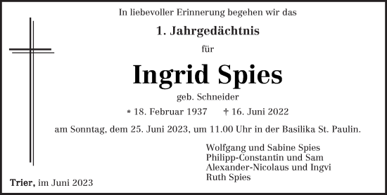 Traueranzeige von Ingrid Spies von trierischer_volksfreund