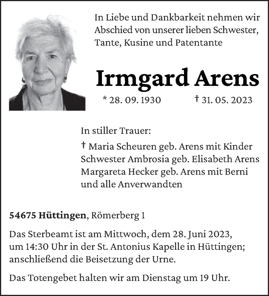  Traueranzeige für Irmgard Arens vom 24.06.2023 aus trierischer_volksfreund