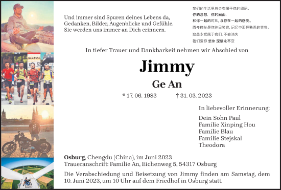 Traueranzeige von Jimmy  von trierischer_volksfreund