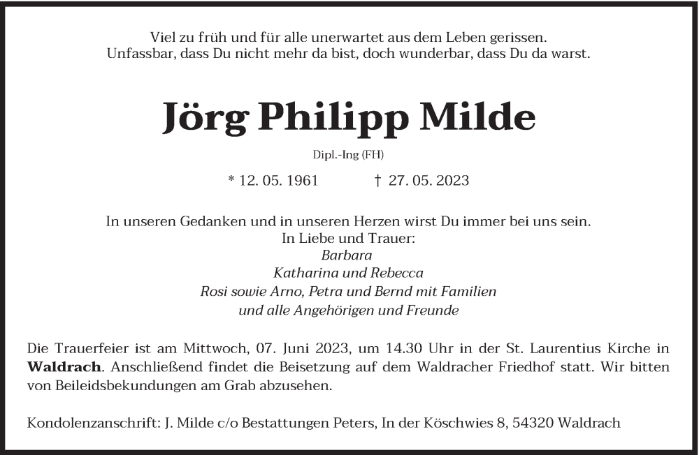  Traueranzeige für Jörg Philipp Milde vom 03.06.2023 aus trierischer_volksfreund