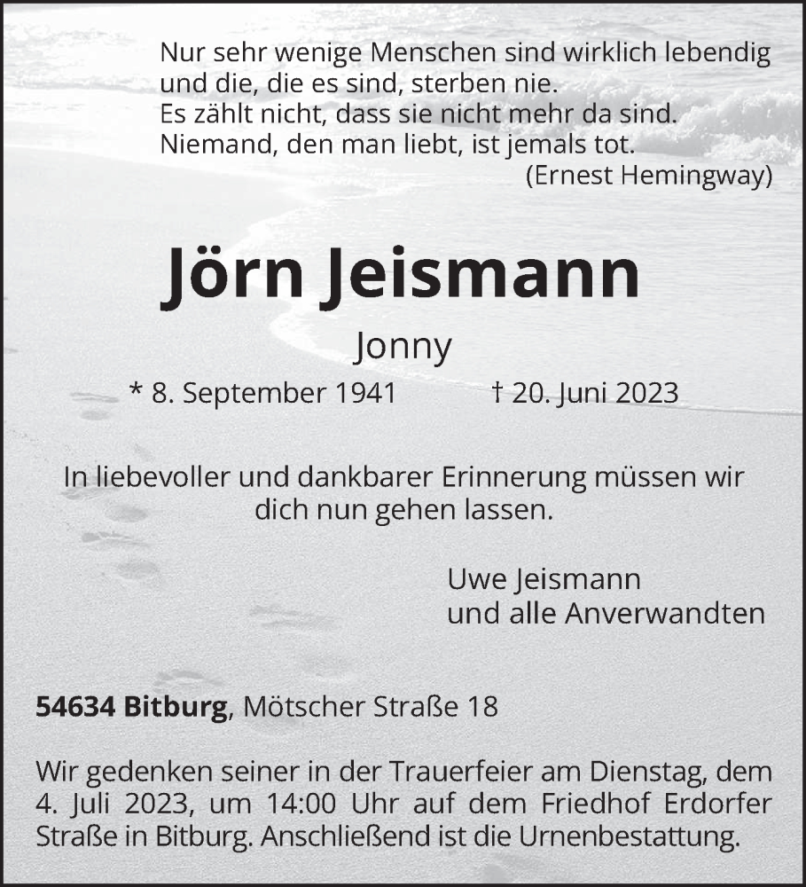  Traueranzeige für Jörn Jeismann vom 28.06.2023 aus trierischer_volksfreund