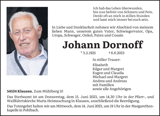Traueranzeige von Johann Dornoff von trierischer_volksfreund