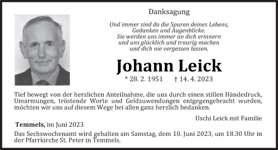 Traueranzeige von Johann Leick von trierischer_volksfreund