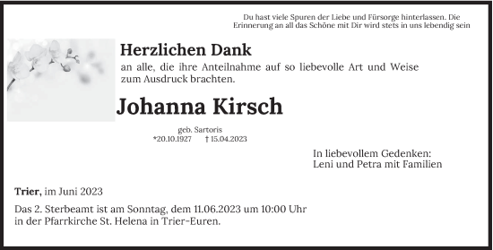 Traueranzeige von Johanna Kirsch von trierischer_volksfreund