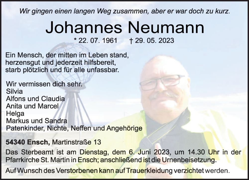  Traueranzeige für Johannes Neumann vom 03.06.2023 aus trierischer_volksfreund