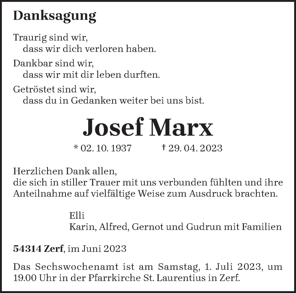  Traueranzeige für Josef Marx vom 28.06.2023 aus trierischer_volksfreund