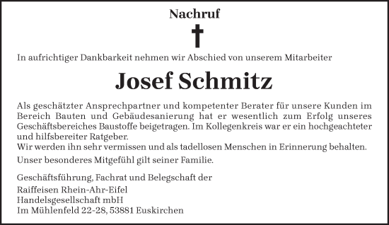 Traueranzeige von Josef Schmitz von trierischer_volksfreund