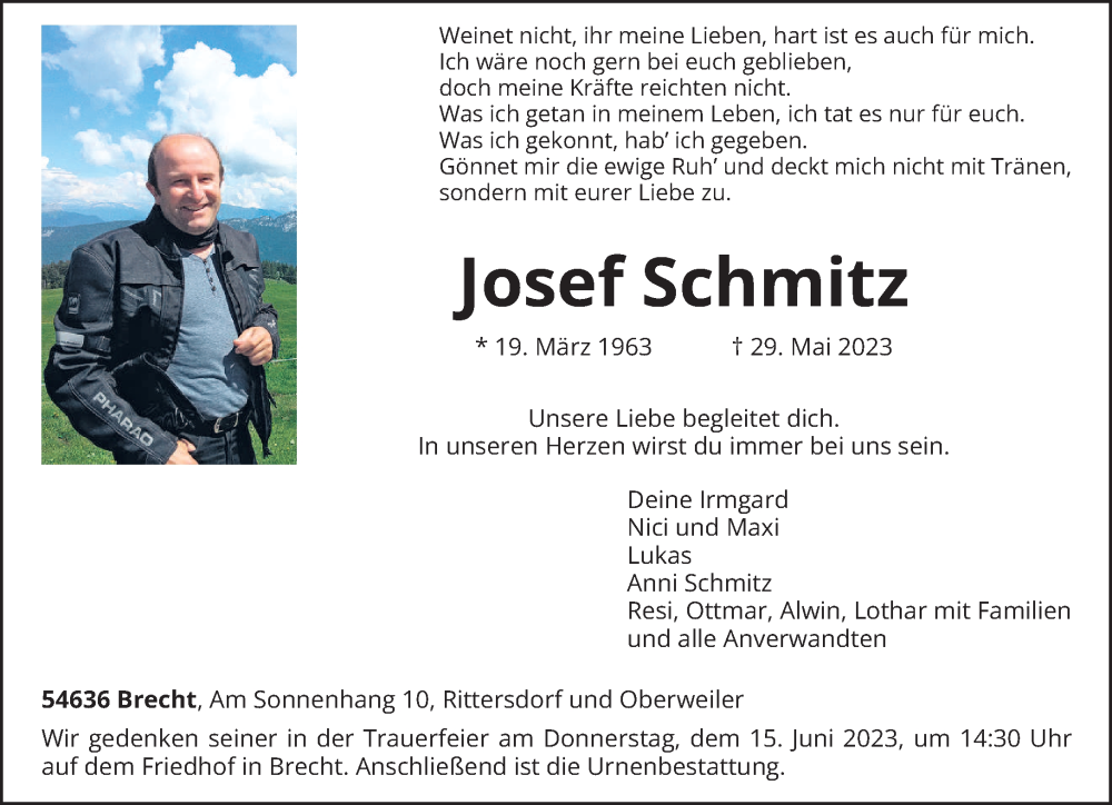  Traueranzeige für Josef Schmitz vom 03.06.2023 aus trierischer_volksfreund