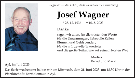 Traueranzeige von Josef Wagner von trierischer_volksfreund