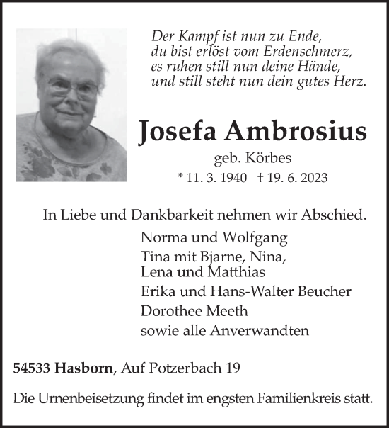 Traueranzeige von Josefa Ambrosius von trierischer_volksfreund