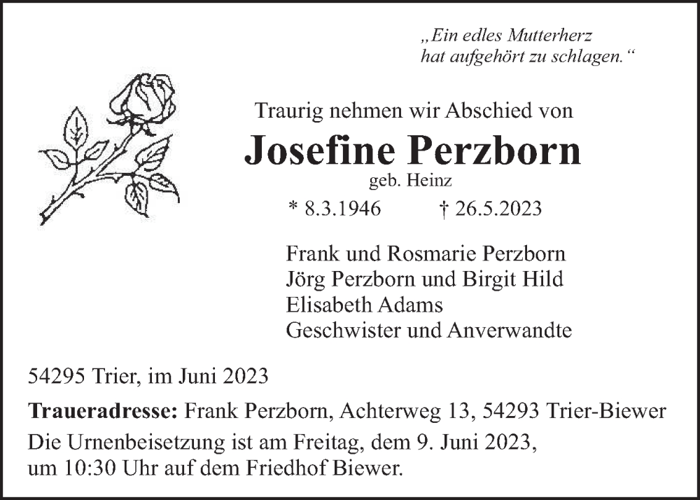  Traueranzeige für Josefine Perzborn vom 03.06.2023 aus trierischer_volksfreund