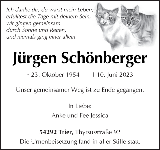 Traueranzeige von Jürgen Schönberger von trierischer_volksfreund