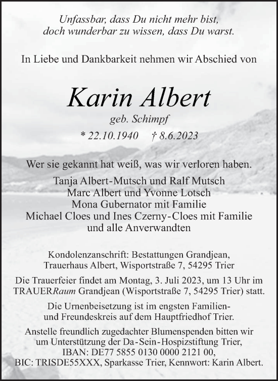 Traueranzeige von Karin Albert von trierischer_volksfreund