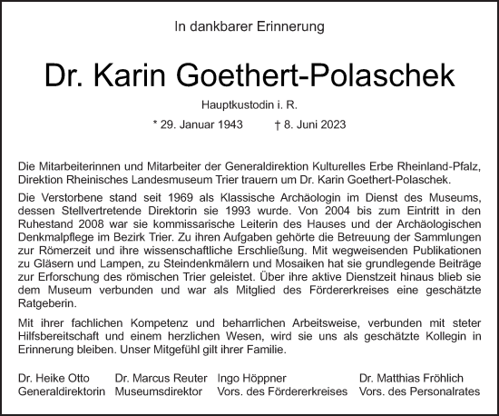 Traueranzeige von Karin Goethert-Polaschek von trierischer_volksfreund