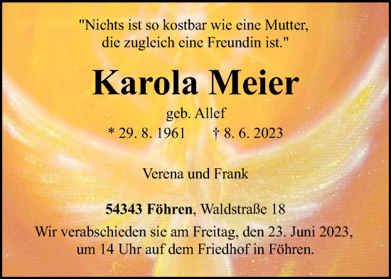 Traueranzeige von Karola Meier von trierischer_volksfreund