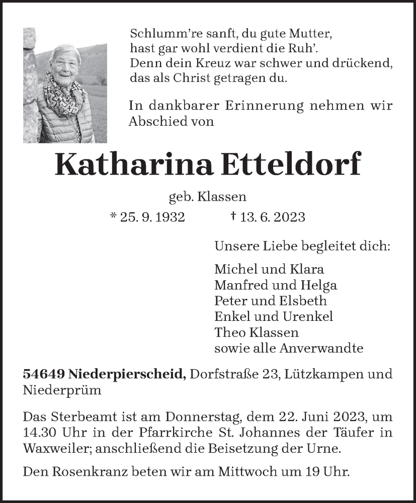  Traueranzeige für Katharina Etteldorf vom 19.06.2023 aus trierischer_volksfreund
