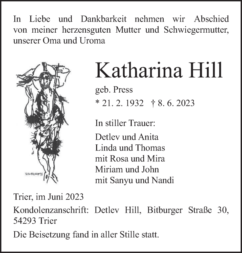  Traueranzeige für Katharina Hill vom 28.06.2023 aus trierischer_volksfreund