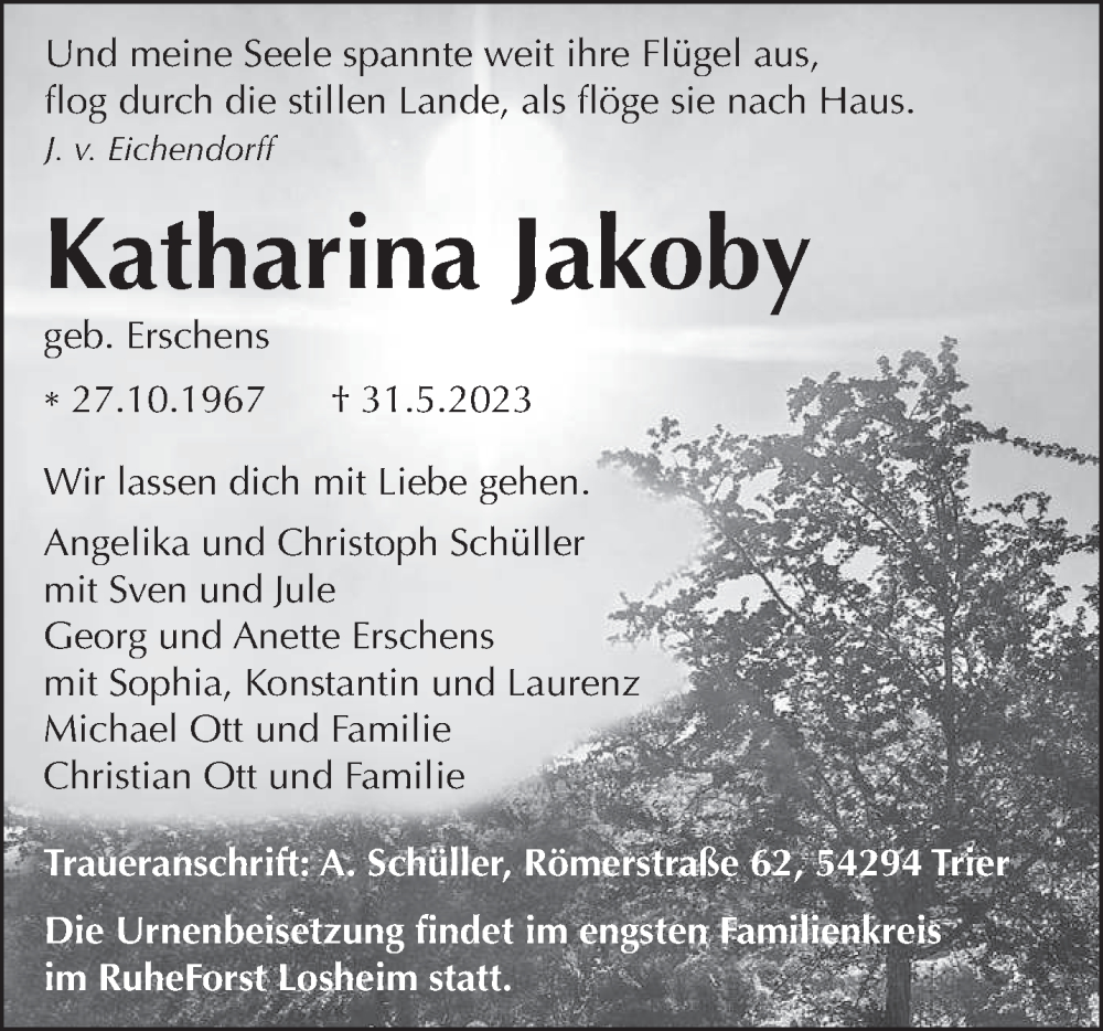  Traueranzeige für Katharina Jakoby vom 07.06.2023 aus trierischer_volksfreund