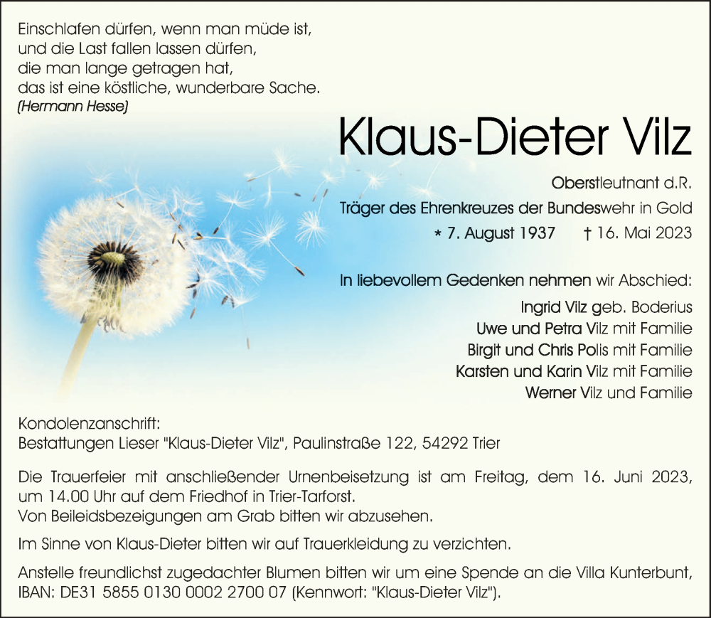  Traueranzeige für Klaus-Dieter Vilz vom 10.06.2023 aus trierischer_volksfreund