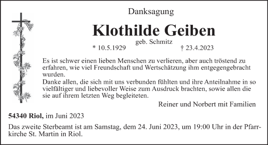 Traueranzeige von Klothilde Geiben von trierischer_volksfreund