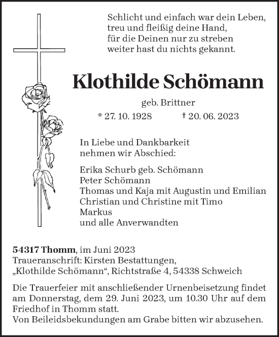 Traueranzeige von Klothilde Schömann von trierischer_volksfreund