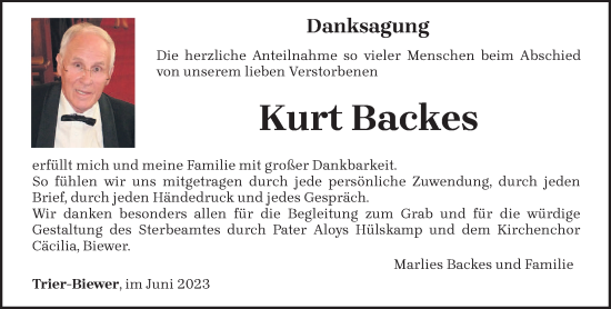 Traueranzeige von Kurt Backes von trierischer_volksfreund