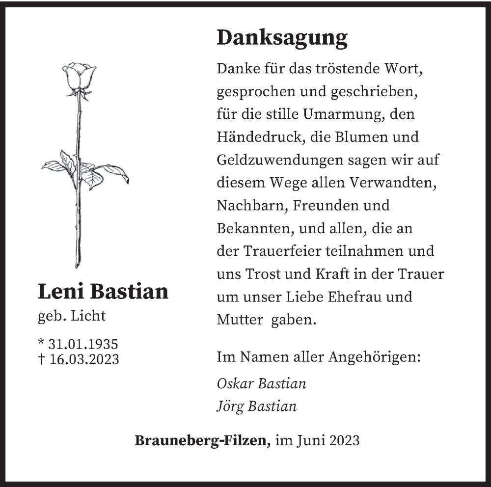  Traueranzeige für Leni Bastian vom 17.06.2023 aus trierischer_volksfreund